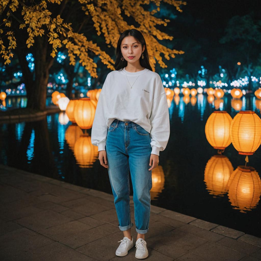 Woman by Lantern-Lit Water at Night