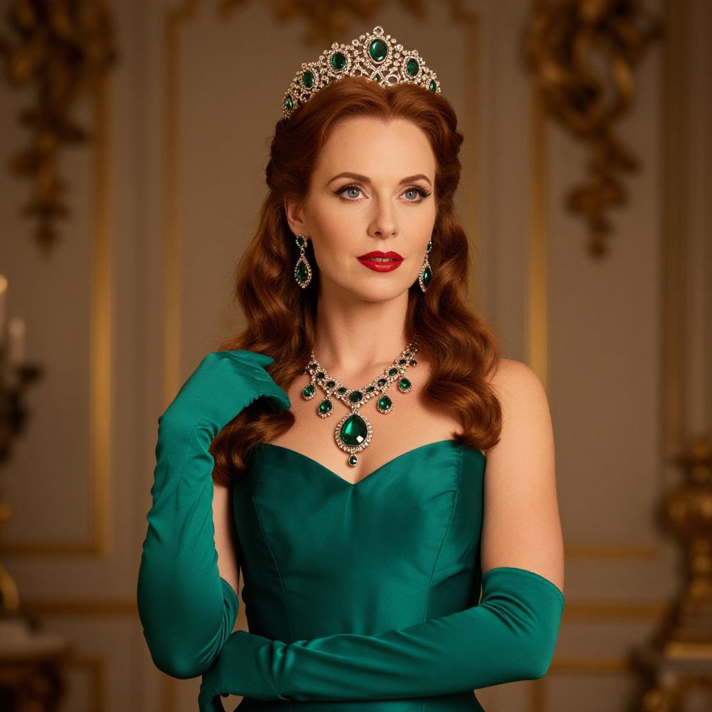 Elegant Woman in Emerald Green Gown Wearing Tiara and Jewelry