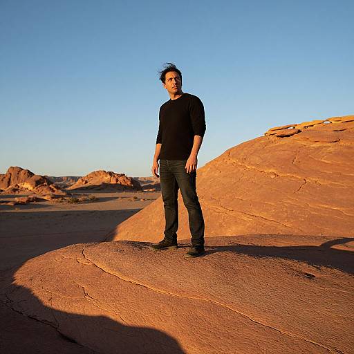 Man Standing on Rock Formation in Desert Landscape with Clear Blue Sky