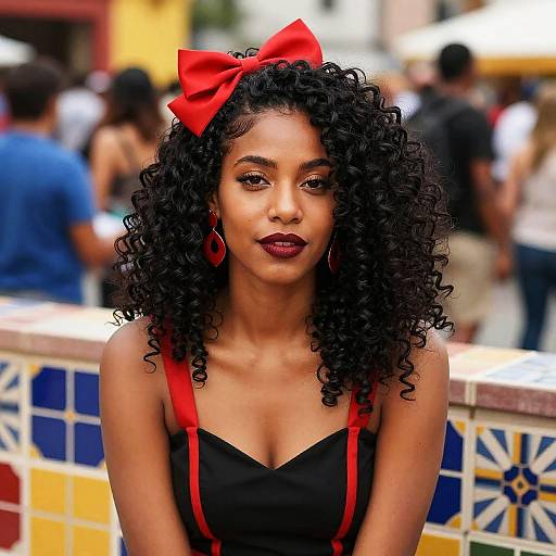 Young Woman with Curly Hair and Red Bow in Stylish Gen Z Outfit