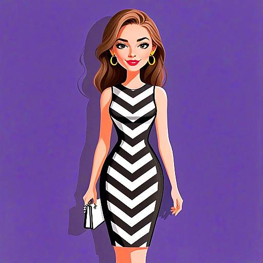 Woman in Chic Sleeveless Chevron Dress with Pretty Hair and Gold Hoop Earrings