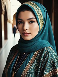 Photorealistic Portrait of Woman in Islamic Outfit with Embroidered Hijab