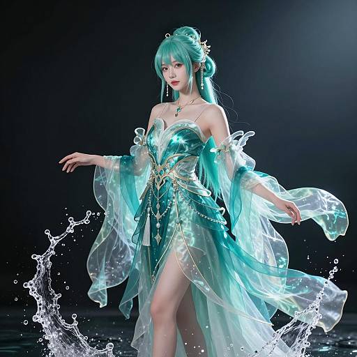 Fantasy Aqua Blue Costume Woman in Gen Z Style Cosplay with Water Effects