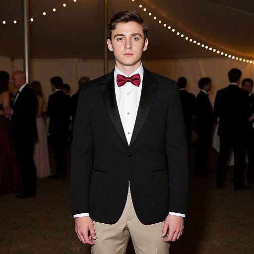 Young Man in Black Tuxedo and Red Bow Tie at Formal Evening Event