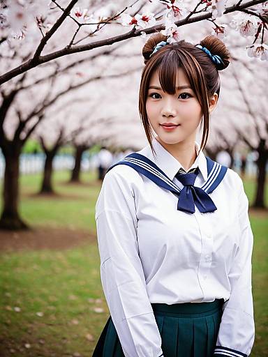 Young Woman in Japanese School Uniform Among Hanami Ume Blossoms