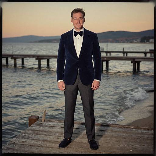 Man in Navy Velvet Blazer and Bow Tie on Lakeside Dock at Sunset