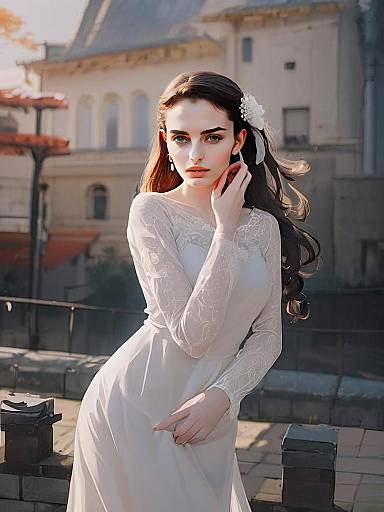 Elegant Woman in White Lace Dress Outdoors with Architectural Background
