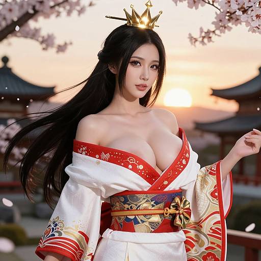 Elegant Woman in Kimono with Golden Crown at Sunset in Japanese Garden