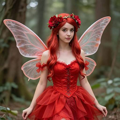 Red Fairy Woman in Forest Costume with Wings and Floral Crown