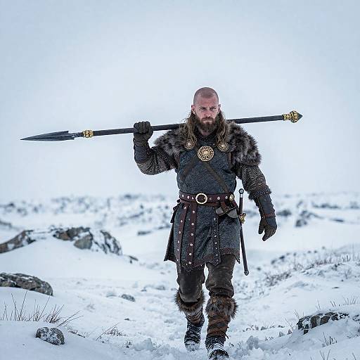 Viking Warrior in Snowy Landscape Holding Spear