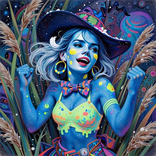 Vibrant Blue Woman with Neon Accents in Psychedelic Digital Art