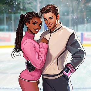 Cheerful couple on ice rink in winter sportswear