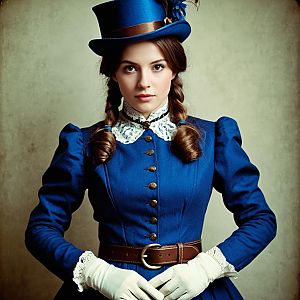 Young Woman in Blue Victorian Outfit with Top Hat