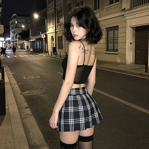 Young Woman in Plaid Mini Skirt and Black Crop Top on Night Street
