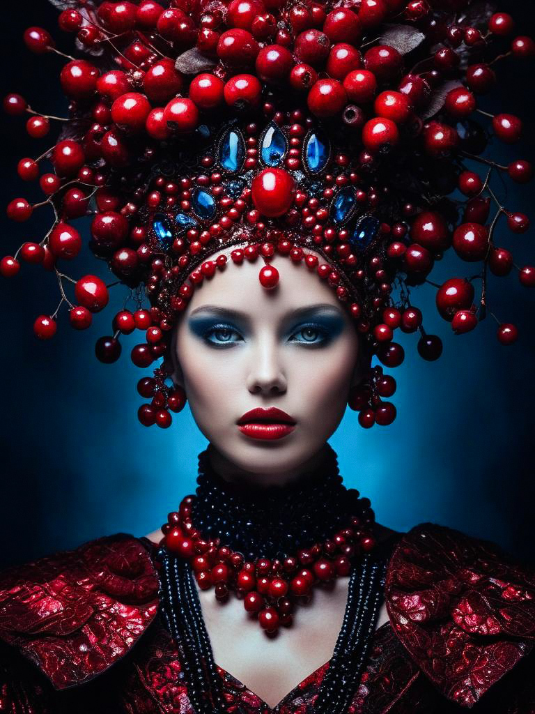 Striking Portrait of Woman with Berry Headdress and Bold Makeup