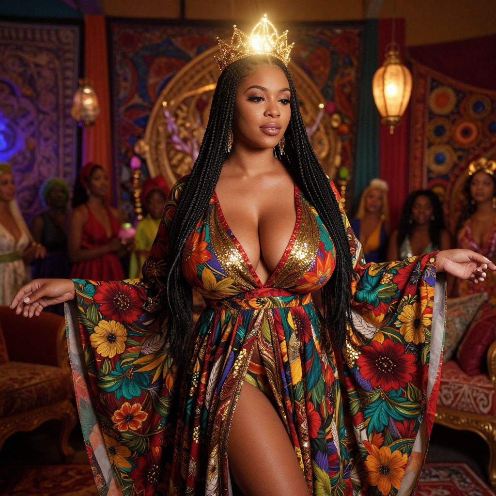 Regal Woman in Vibrant Floral Dress and Crown in Ornate Room