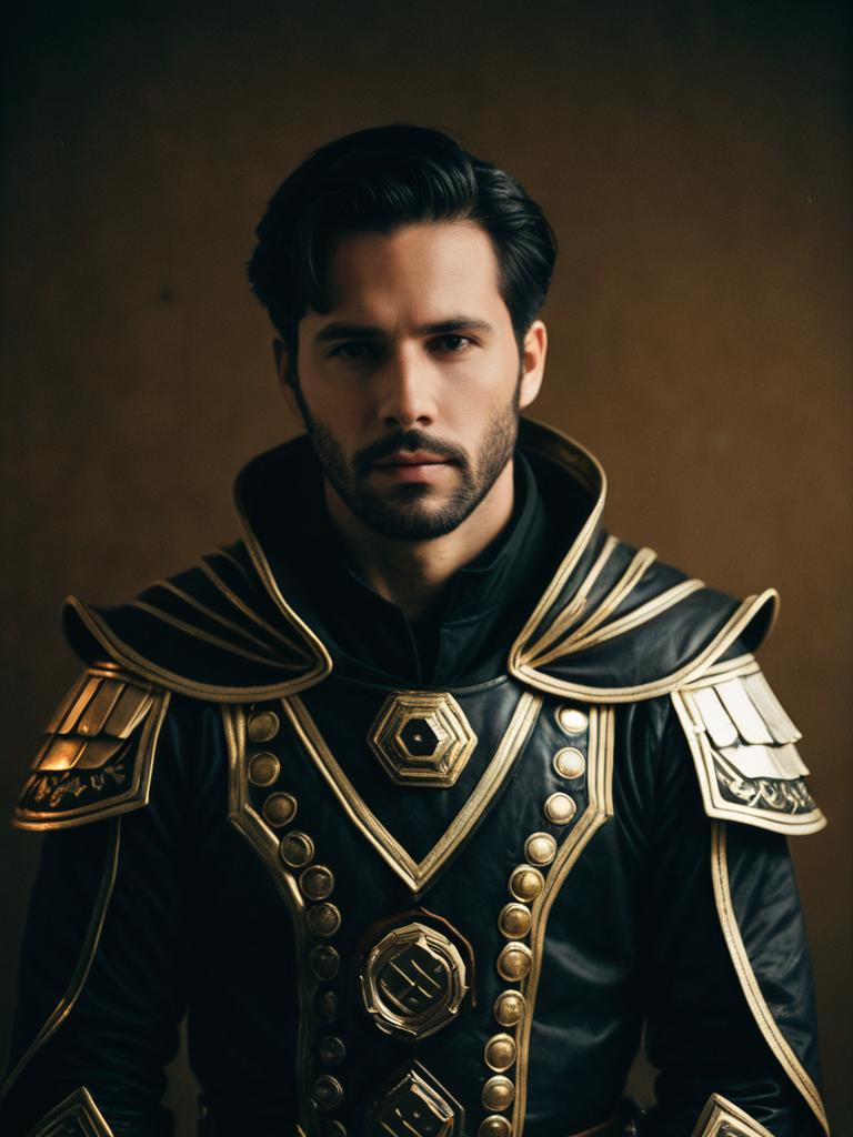Man in Realistic Dag Cosplay Costume with Black and Gold Armor