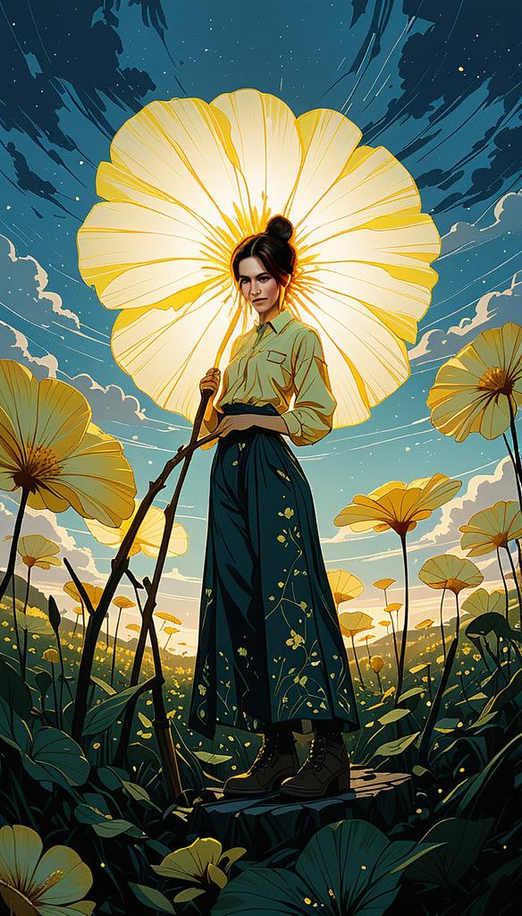 Woman in a Vibrant Flower Field with Luminous Umbrella Woman in a Vibrant Flower Field with Luminous Umbrella