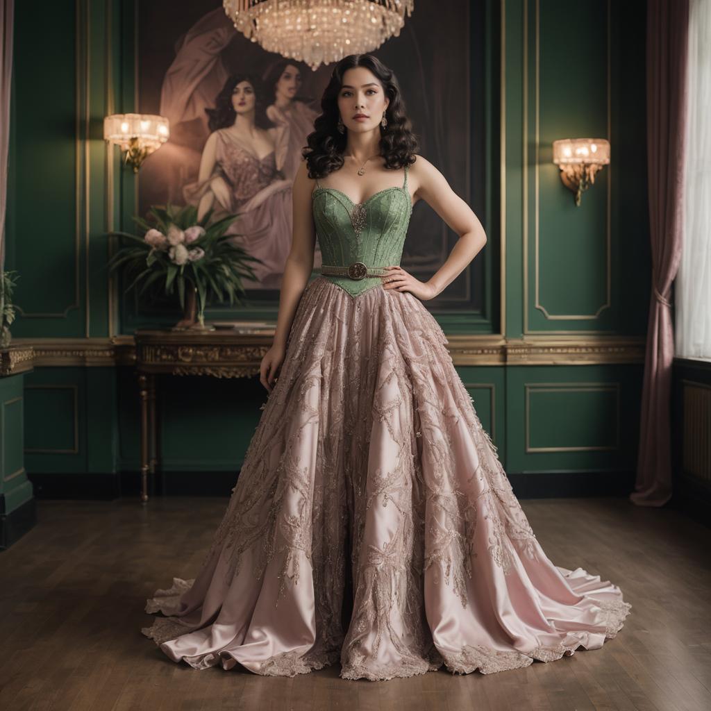 Elegant Woman in Vintage Ball Gown with Green Corset and Lace Skirt in Classical Interior