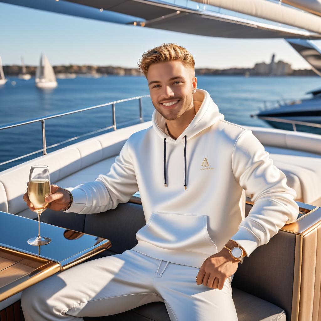 Stylish Young Man on Luxurious Yacht with Champagne