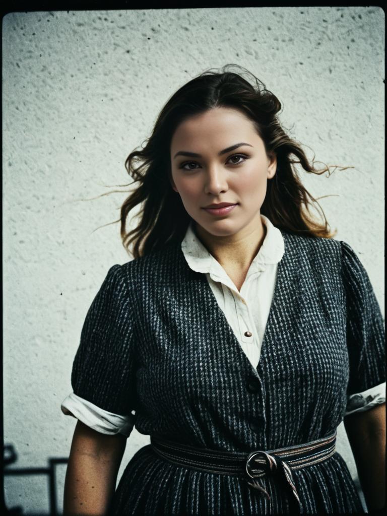 Confident Woman in Vintage Style Dress Against Textured Wall