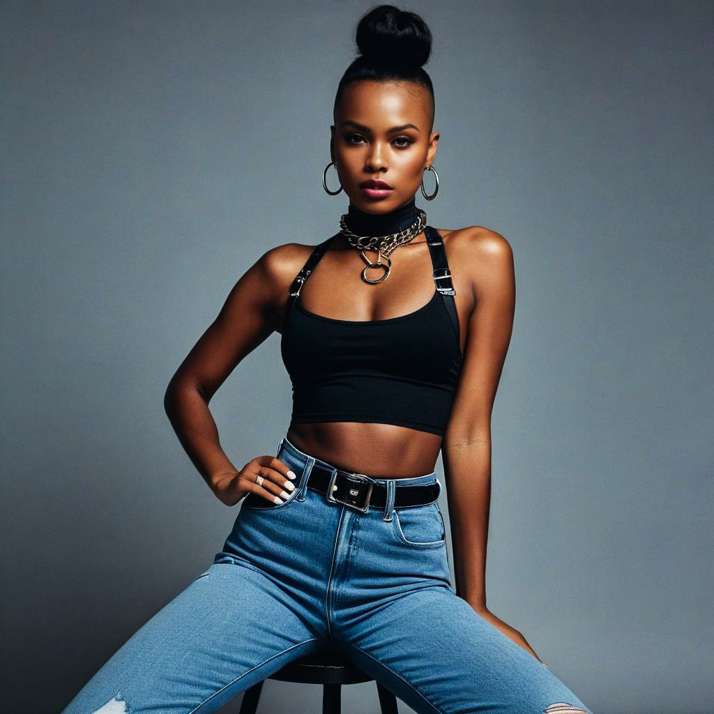 Confident Woman in Edgy Fashion - Black Top & Blue Jeans Confident Woman in Edgy Fashion - Black Top & Blue Jeans