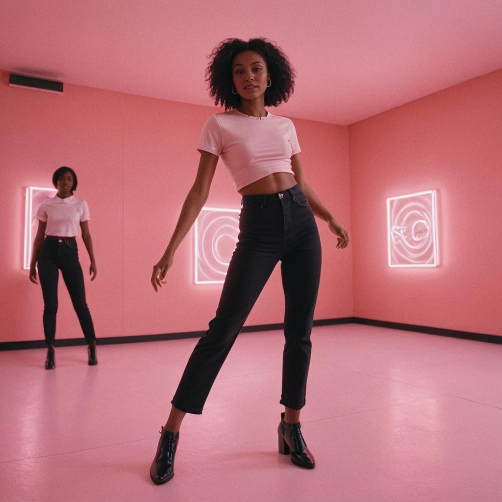 Confident Woman in Pink-Lit Modern Room