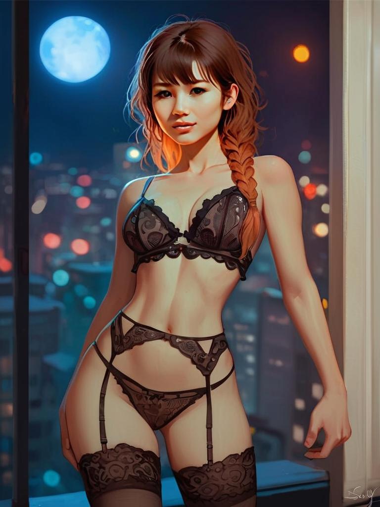 Woman in Black Lace Lingerie at Night with Cityscape Background