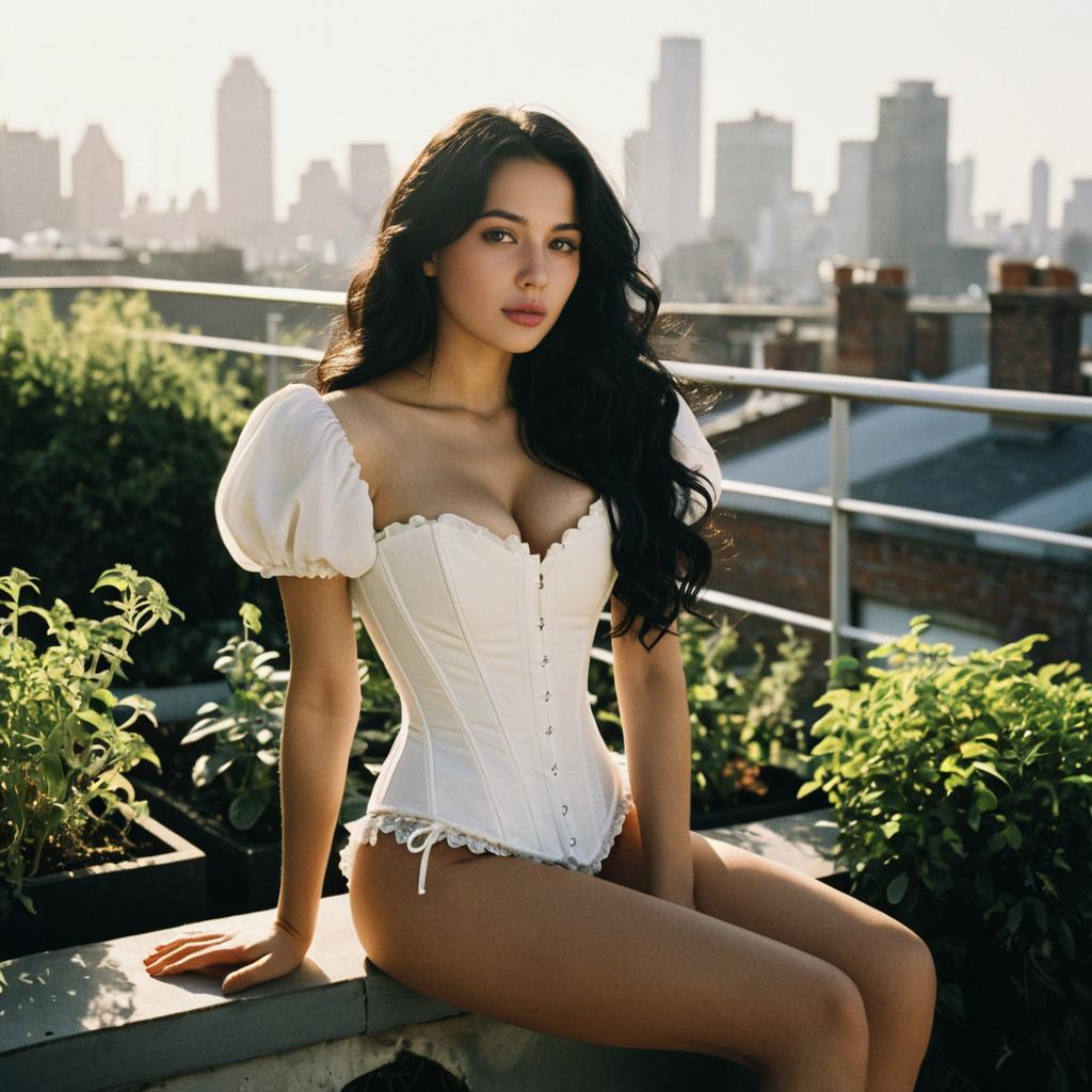 Woman in White Corset Sitting on Urban Rooftop Garden with City Skyline