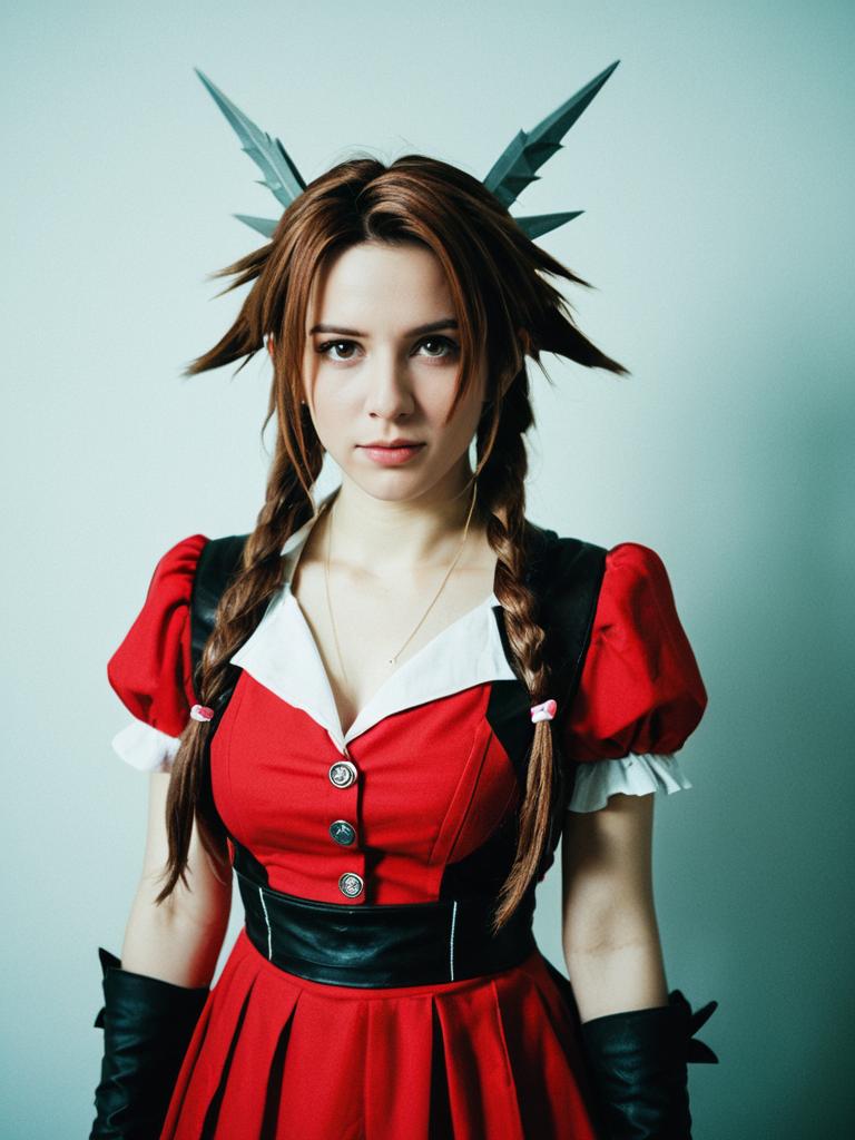 Woman in Aerith Cosplay Costume with Braided Hair and Red Dress
