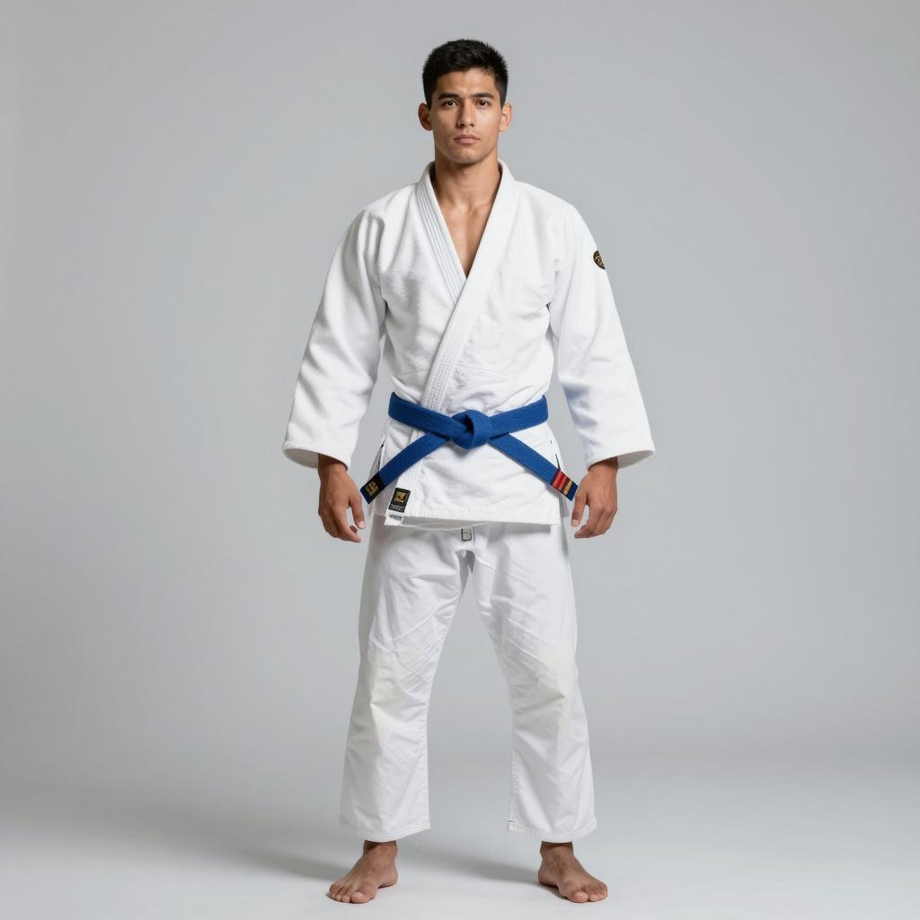 Young Martial Artist in White Judo Gi with Blue Belt