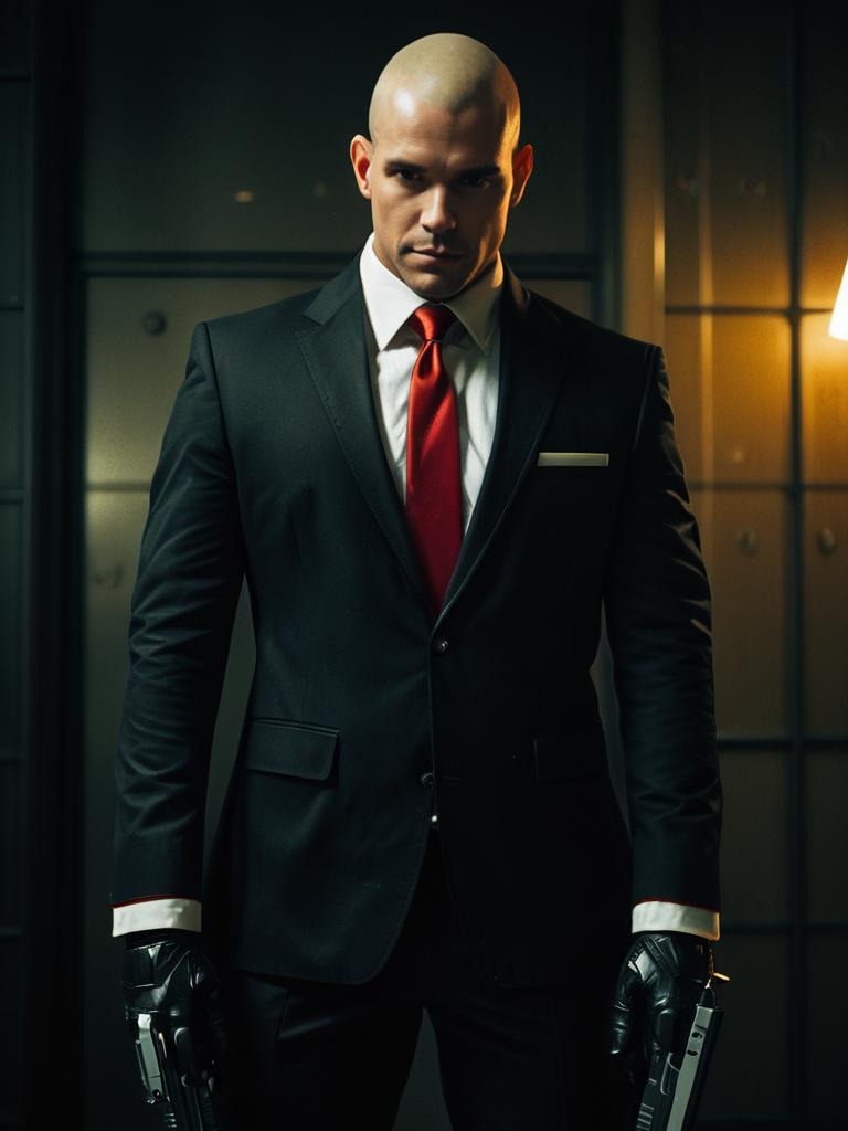 Man Cosplaying as Agent 47 in Realistic Hitman Costume with Black Suit and Red Tie