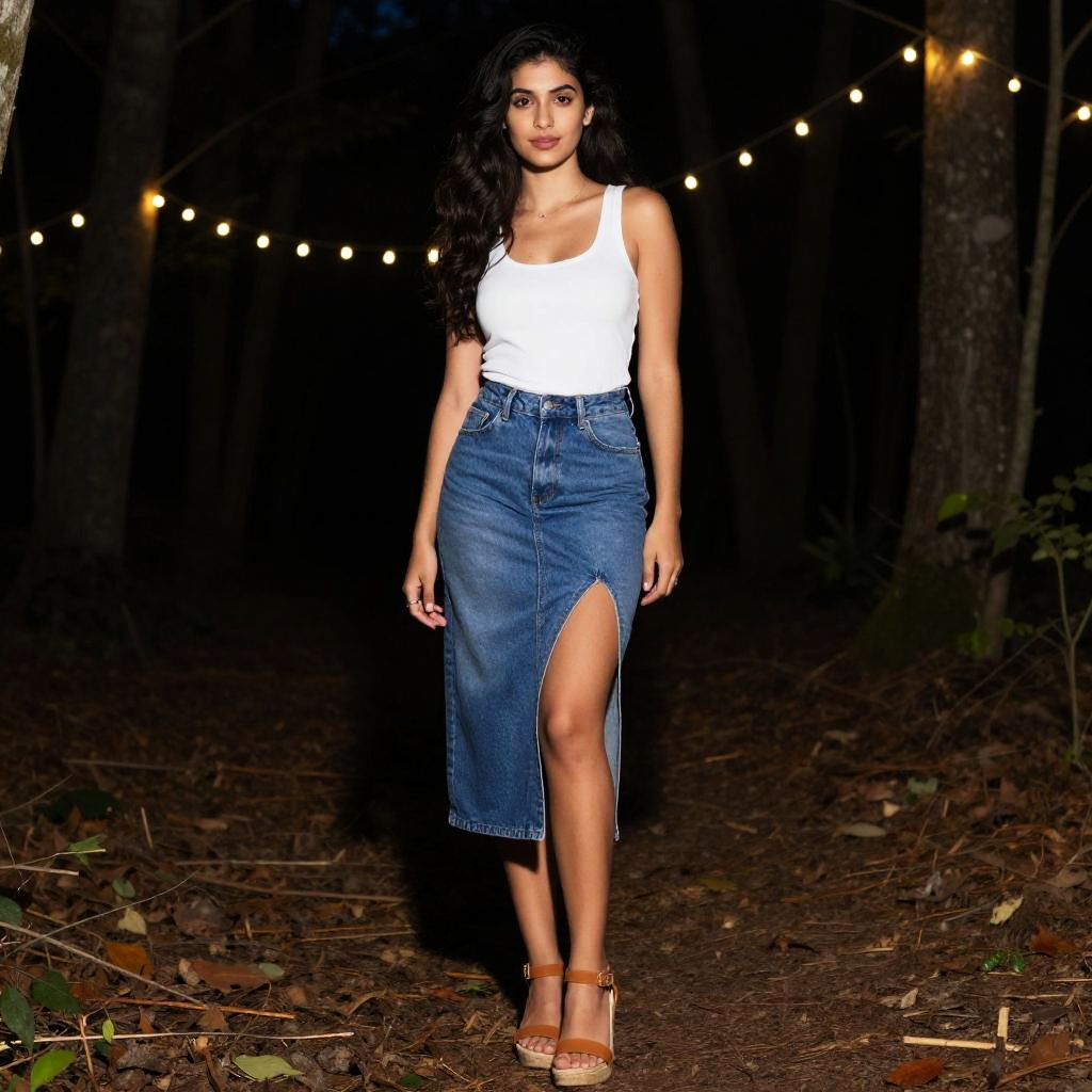 Young Woman Wearing Denim Skirt and White Tank Top in Nighttime Forest with String Lights