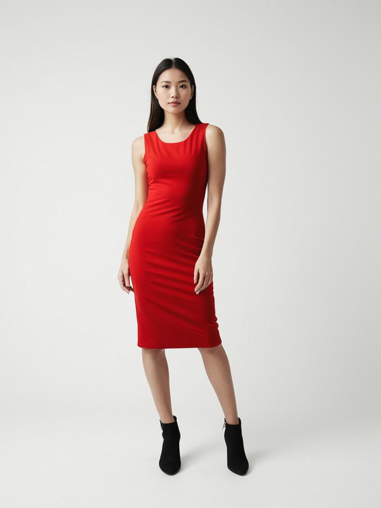Elegant Woman in Red Dress with Black Ankle Boots on White Background