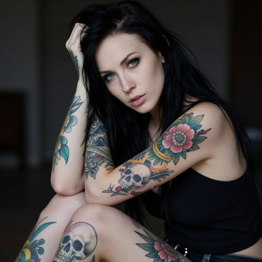 Portrait of Tattooed Woman with Black Hair and Floral Skull Tattoos