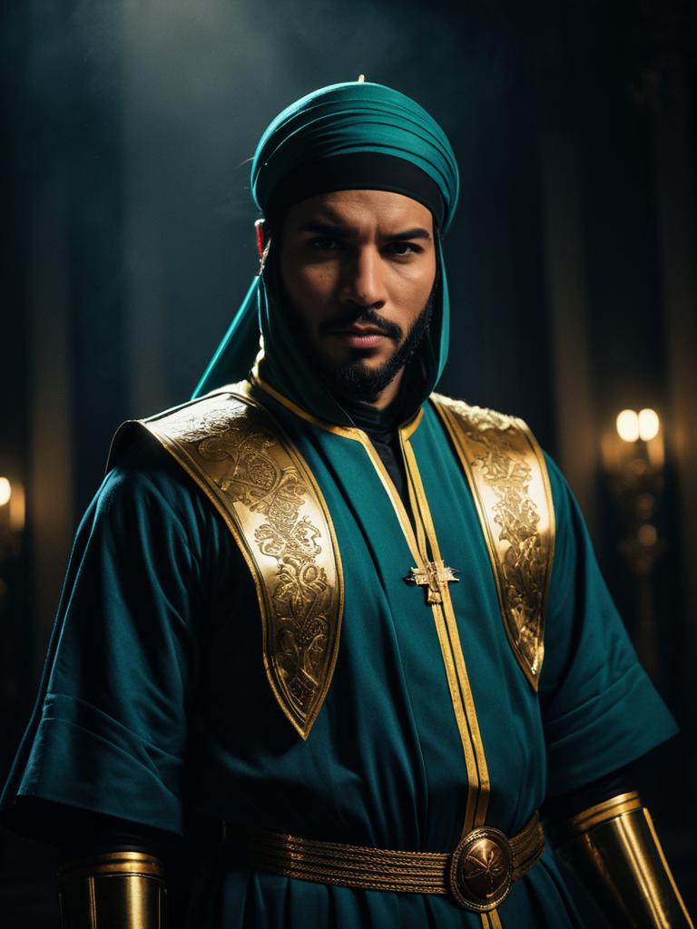 Realistic Muhammad Avdol Cosplay Costume on Man in Teal and Gold