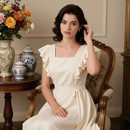 Elegant Woman in Cream Dress Sitting in Vintage Interior