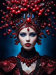 Striking Portrait of Woman with Berry Headdress and Bold Makeup