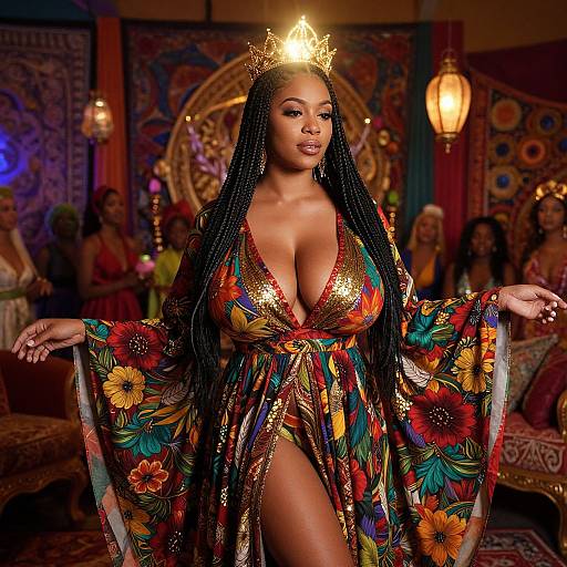 Regal Woman in Vibrant Floral Dress and Crown in Ornate Room