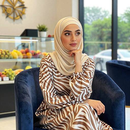 Thoughtful Woman in Hijab Sitting in Modern Cafe with Fruit Display