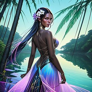 Woman by Serene Riverbank in Iridescent Dress