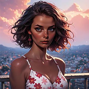 Woman on Balcony Overlooking City at Sunset