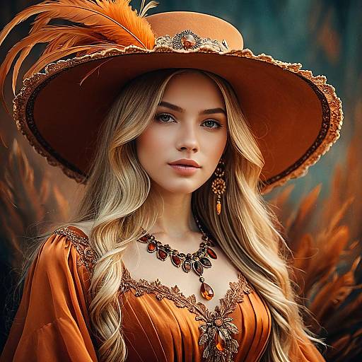 Elegant Woman in Vintage Orange Gown and Feathered Hat