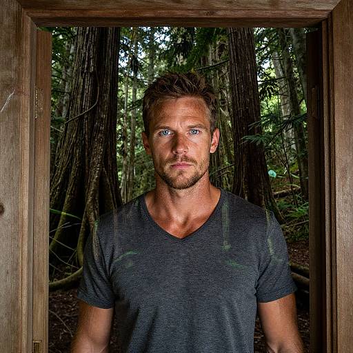 Man Standing in Wooden Doorway Surrounded by Forest Trees