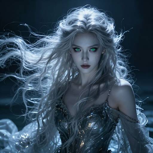 Ethereal Woman with Silver Hair and Glowing Green Eyes in Metallic Dress
