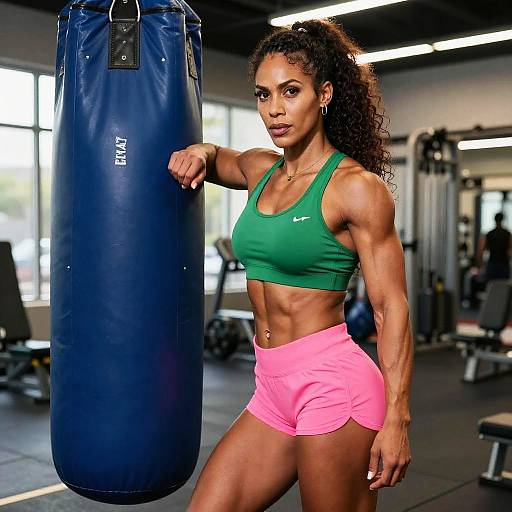 Fit Woman Posing by Punching Bag in Gym Workout Attire