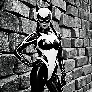Futuristic Catwoman Style Woman in Black and White Latex Bodysuit