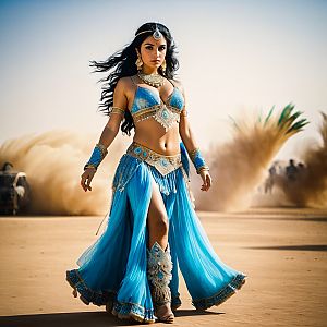 Confident Woman in Blue Belly Dancer Costume in Desert Battlefield