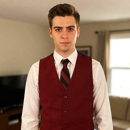 Man in Red Vest and Striped Tie in Indoor Formal Setting