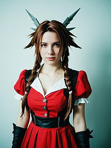 Woman in Aerith Cosplay Costume with Braided Hair and Red Dress